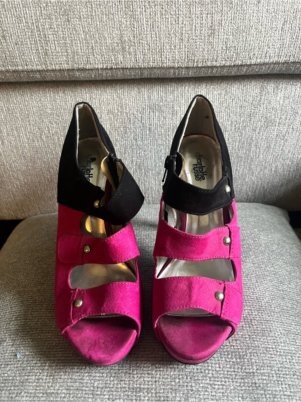 Charlotte Russe Hot Pink and Black Strappy Suede Heels